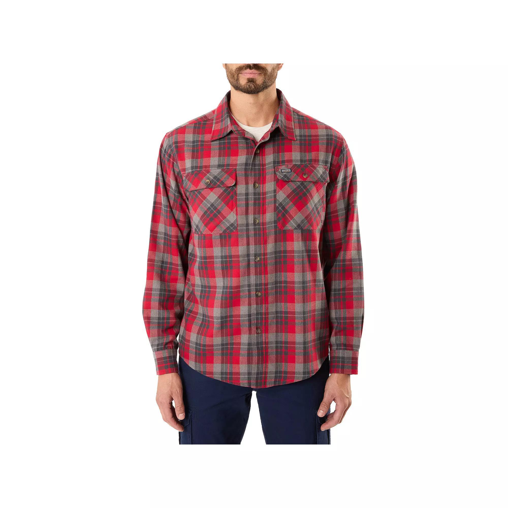 Men's Smith's Workwear Regular-Fit Plaid Two-Pocket Flannel Button-Down Shirt, Size: XL, Grey Red Product Image