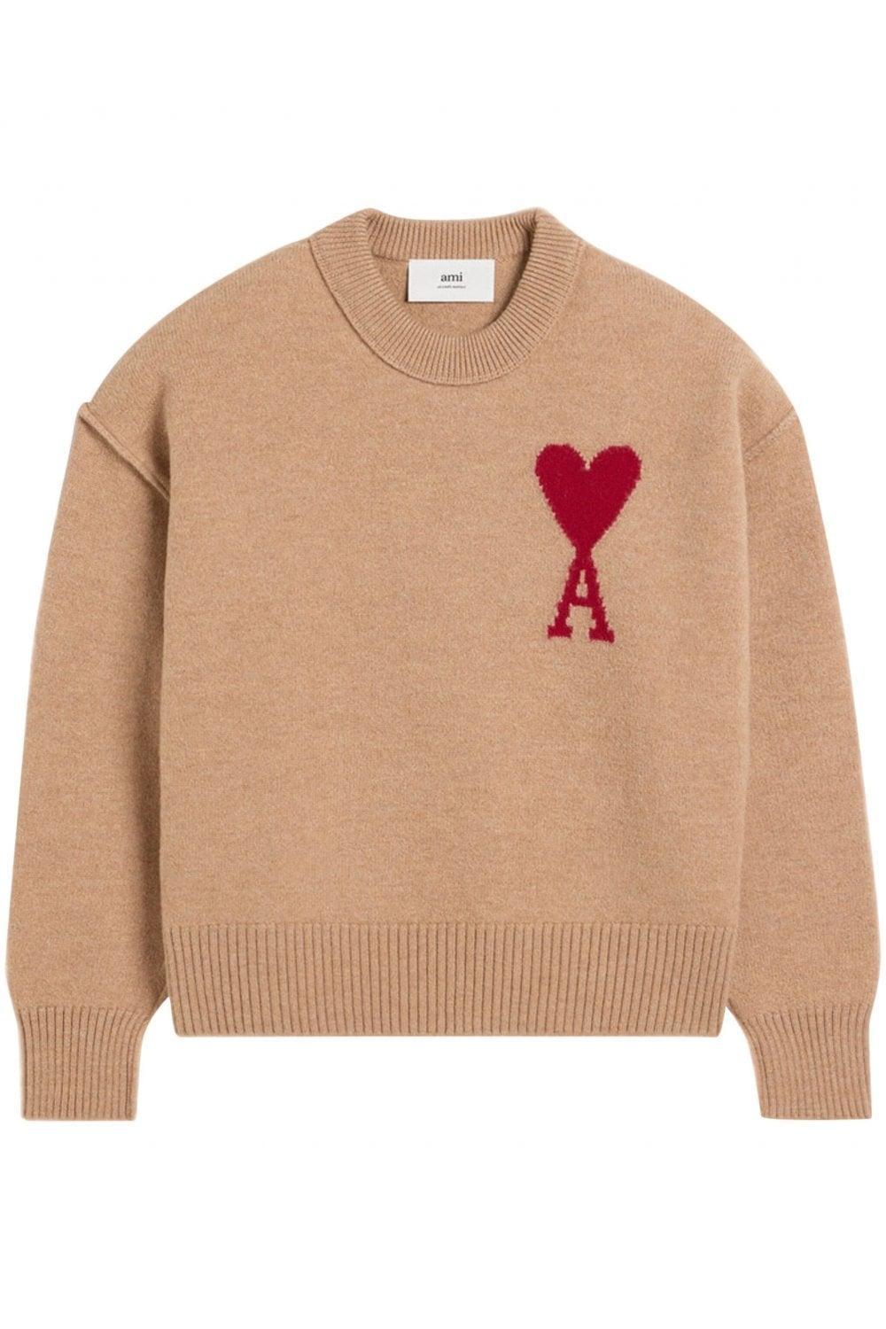 AMI ALEXANDRE MATTIUSSI Ami De Coeur Wool Sweater In Camel/ Red Product Image