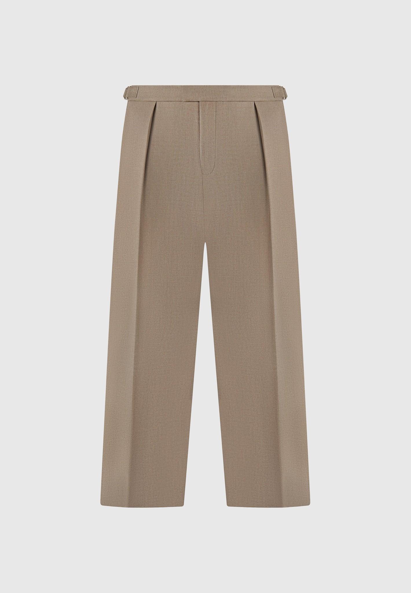 Relaxed Fit Hatched Pleated Tailored Trousers - Khaki Male Product Image