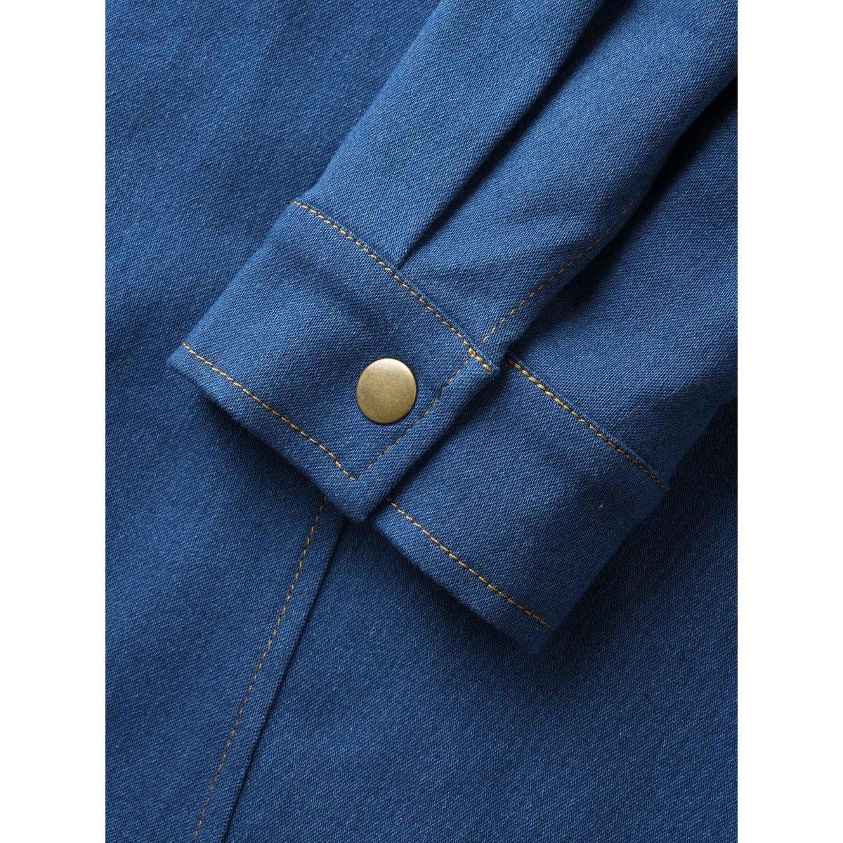 Plus Size Stretch Denim Chest Flaps Waist Defining Midi Dress Denimindigo Women Button Casual Side seam pocket Leisure Denim Dresses BloomChic 28/5X Product Image