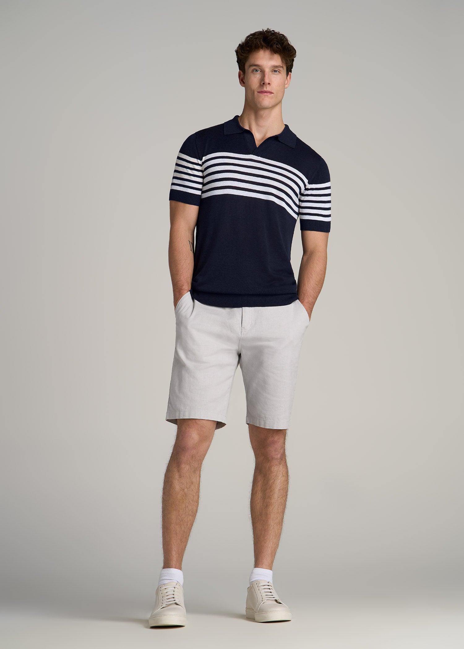 Striped Linen Blend Tall Men's Polo Shirt in Blue and White Stripe Product Image