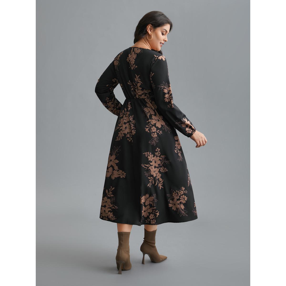 Plus Size Floral Square Neck Pocket Midi Dress Black Women Elegant Non Square Neck Long Sleeve Curvy BloomChic 18-20/2X Product Image