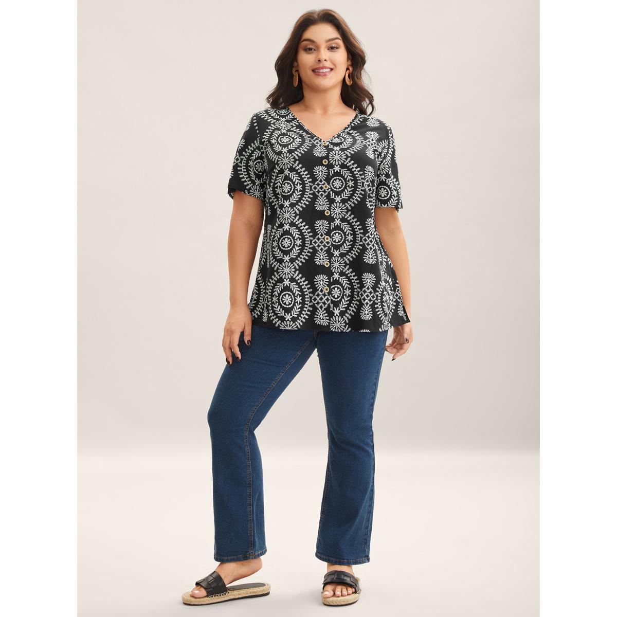 Plus Size Black Boho Print Button Placket Blouse Women Short sleeve V-neck Vacation Blouses BloomChic 14-16/1X Product Image