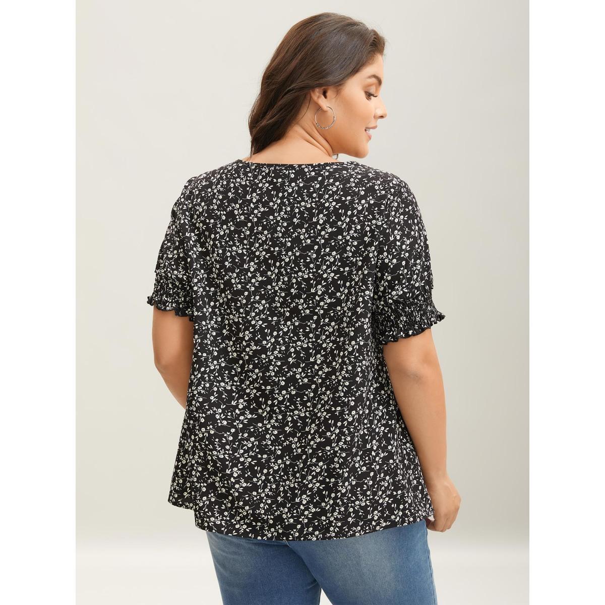 Plus Size Black Ditsy Floral Print Curvy Hem Blouse Women Elegant Elbow-length sleeve Round Neck Everyday Blouses BloomChic 30/6X Product Image