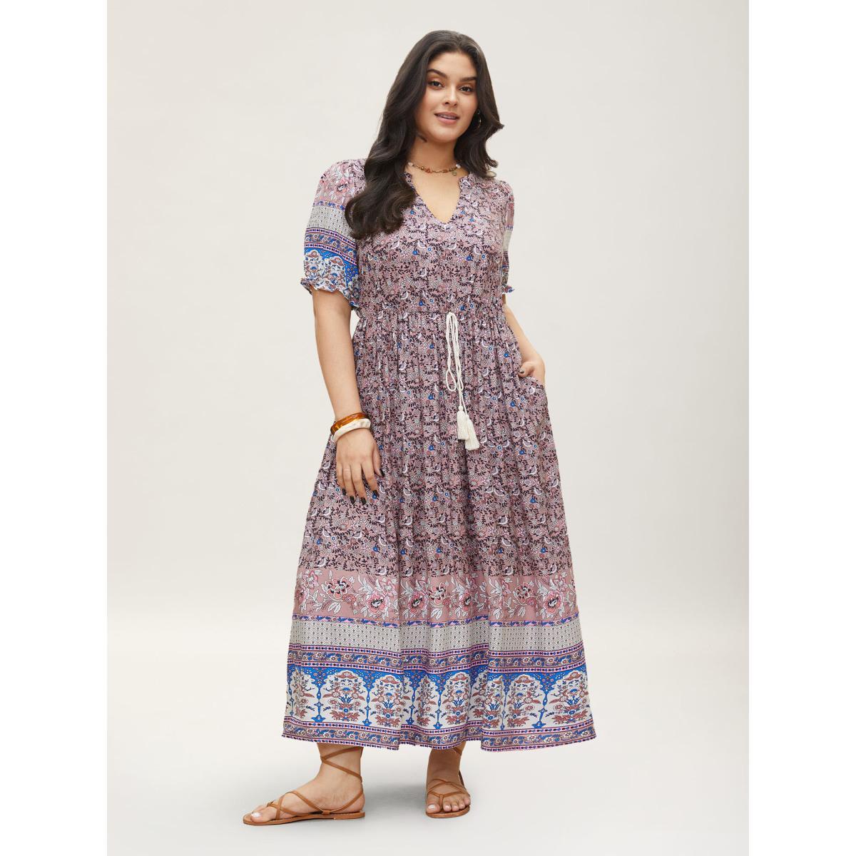 Plus Size Boho Print Notched Ties Tassel Trim Dress DustyPink Women Boho Non Flat collar with V-notch Short sleeve Curvy BloomChic 28/5X Product Image