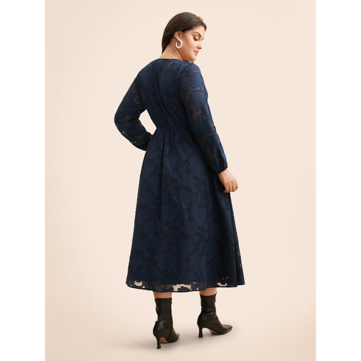 Plus Size Solid Textured Shirred Elastic Waist Dress DarkBlue Women Elegant Texture V-neck Long Sleeve Curvy BloomChic 18-20/2X Product Image
