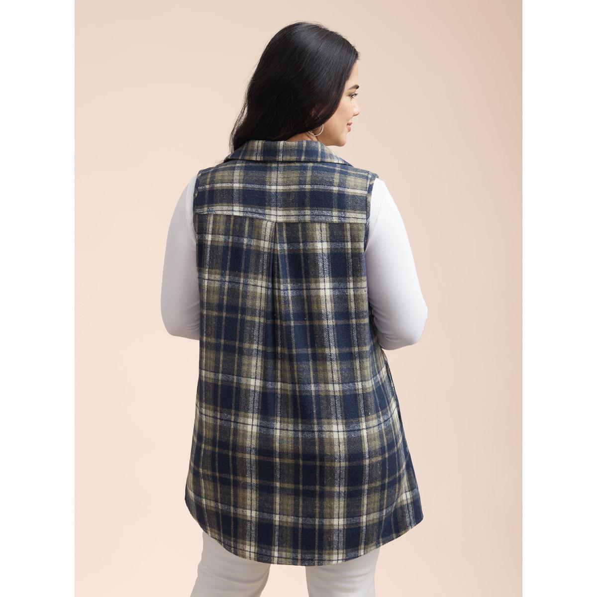 Plus Size Plaid Flap Detail Sleeveless Jacket Women Indigo Button Side seam pocket Everyday Jackets BloomChic 26/4X Product Image
