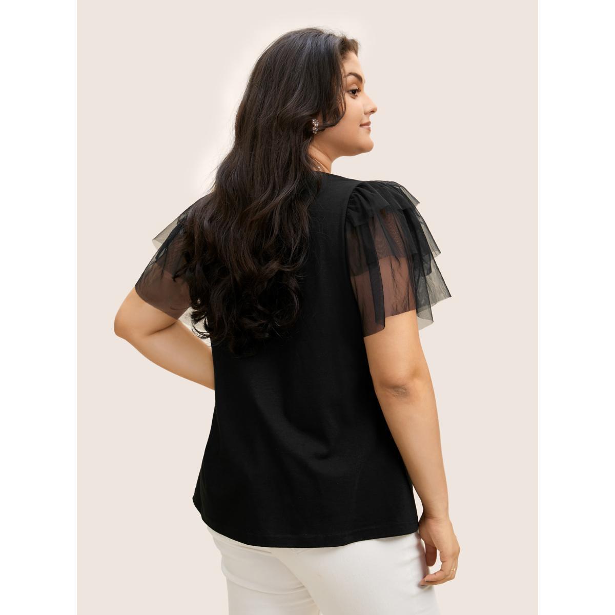 Plus Size Crew Neck Tiered Mesh Patchwork T-shirt Black Women Elegant See through Round Neck Everyday T-shirts BloomChic 12/L Product Image