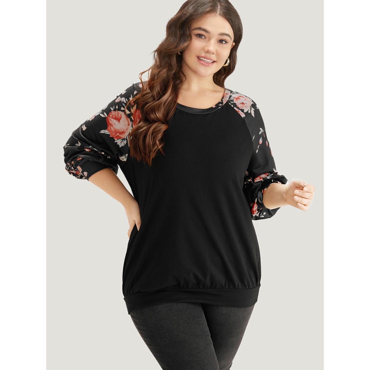 Plus Size Floral Print Raglan Sleeve Patchwork Sweatshirt Women Black Elegant Printed Round Neck Everyday Sweatshirts BloomChic 22-24/3X Product Image