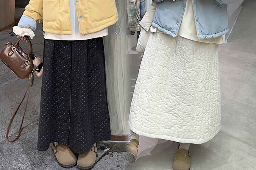 Two Tone Padded Corduroy Button Jacket / Long-Sleeve Mock Neck Lace Trim Tee / Elastic Waist Midi A-Line Skirt / Dotted Culottes Product Image