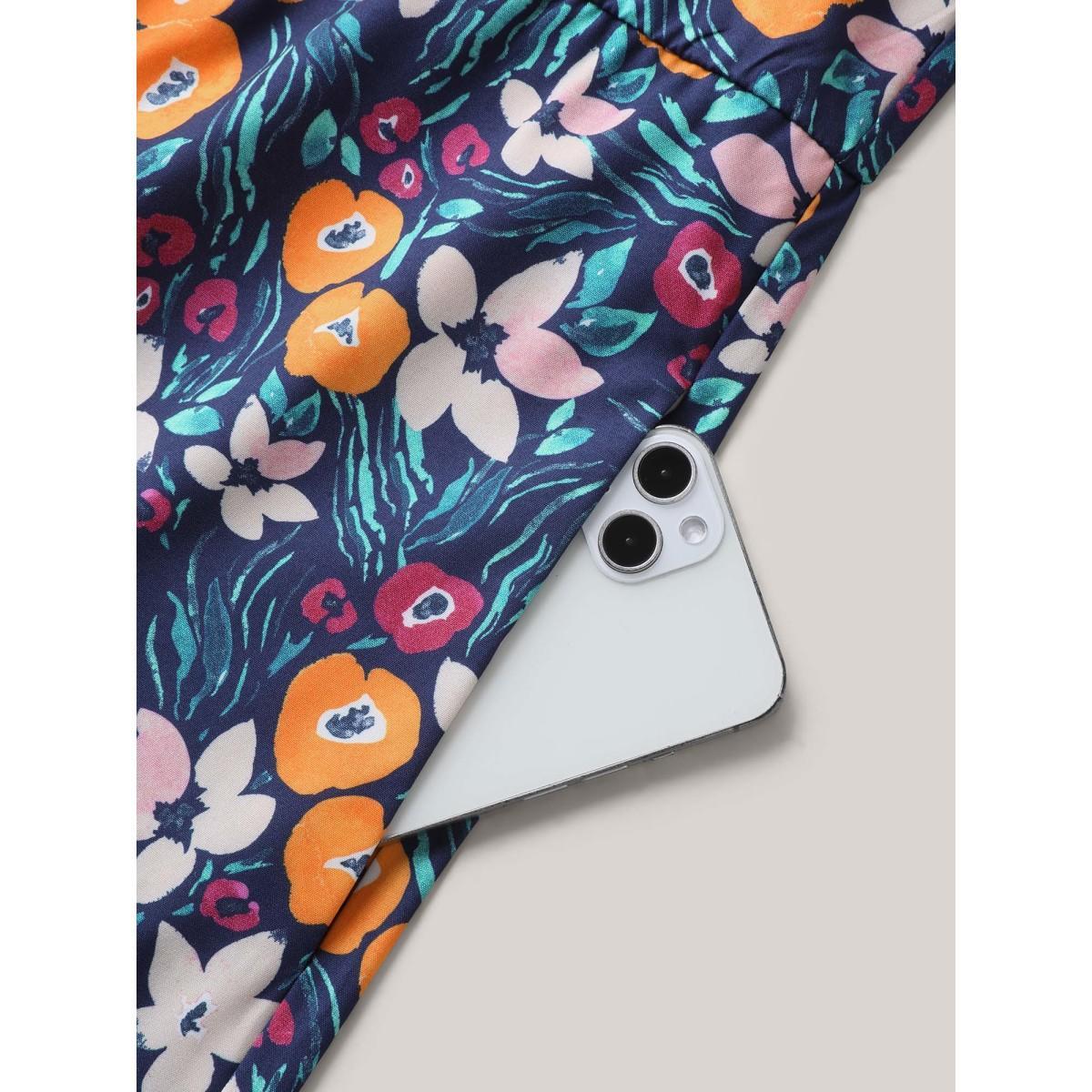 Plus Size DarkBlue Abstract Floral Print Button Jumpsuit Women Short sleeve Notched collar Everyday-Elegant Loose Jumpsuits BloomChic 14-16/1X Product Image