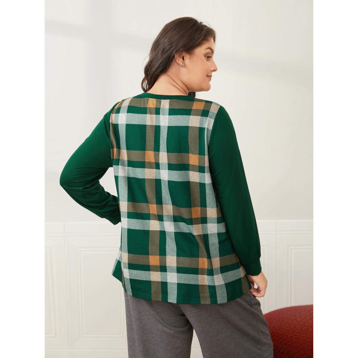 Plus Size Plaid Patchwork Solid Long-Sleeves Tee DarkGreen Women Casual Contrast Round Neck Everyday T-shirts BloomChic 10/M Product Image