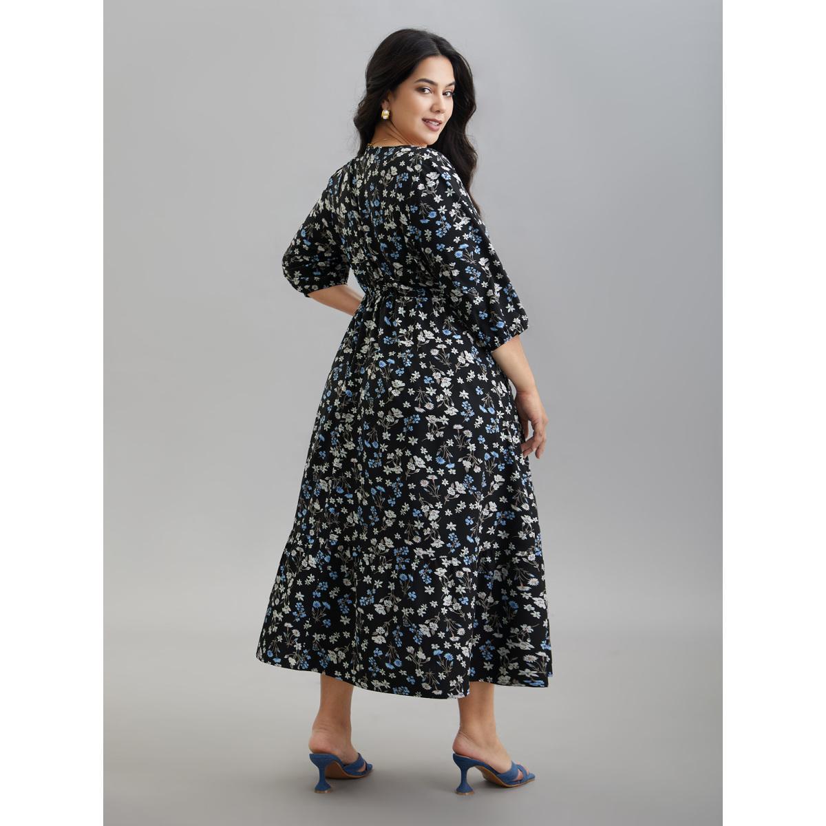 Plus Size Floral Print Stretchy-Waist Pockets Midi Dress BlackFlower Women Elegant Non V-neck Elbow-length sleeve Curvy BloomChic 10/M Product Image