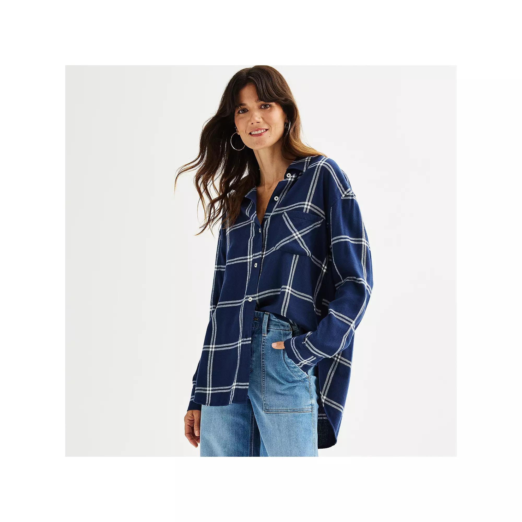 Petite Sonoma Goods For Life® Oversized Boyfriend Flannel, Women's, Size: Large Petite, Purple Blue Plaid Product Image