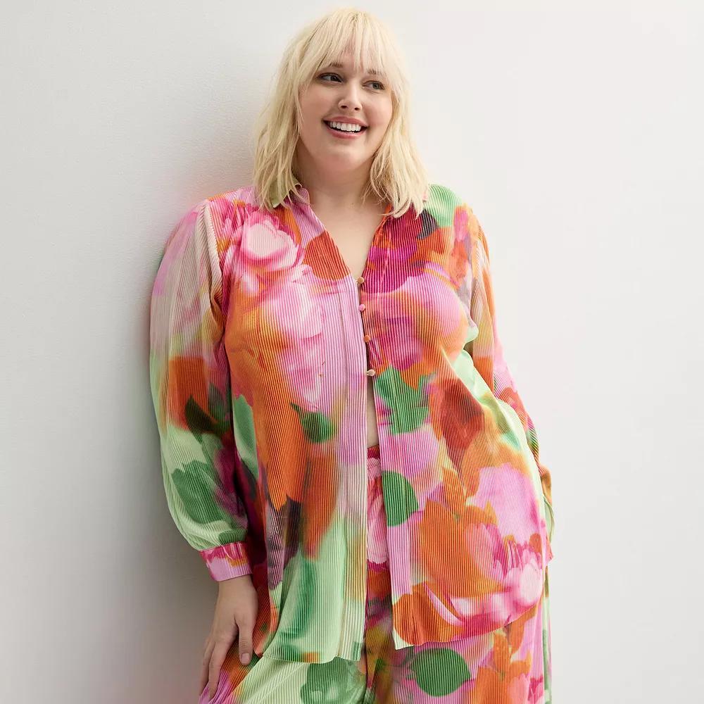 Plus Size INTEMPO Plisse Print Button Front Top, Womens Pink Garden Product Image