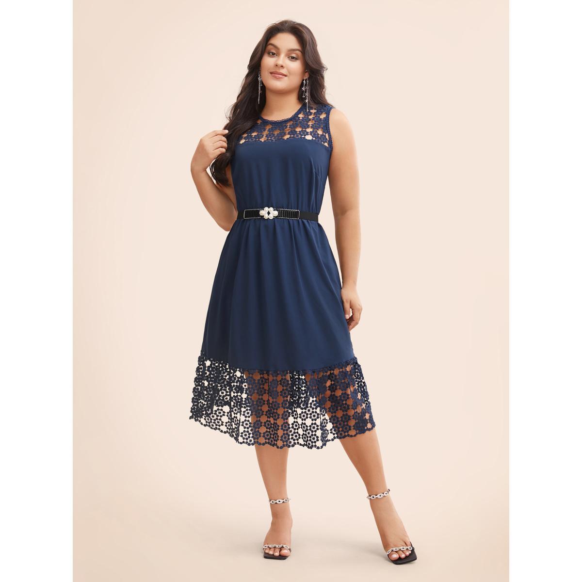 Plus Size Lace Panel Elastic Waist Sleeveless Dress DarkBlue Women Formal Woven ribbon&lace trim Party Curvy Bloomchic 30/6X Product Image