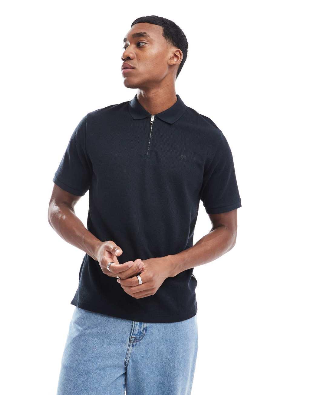 Jack & Jones waffle zip up polo in black Product Image