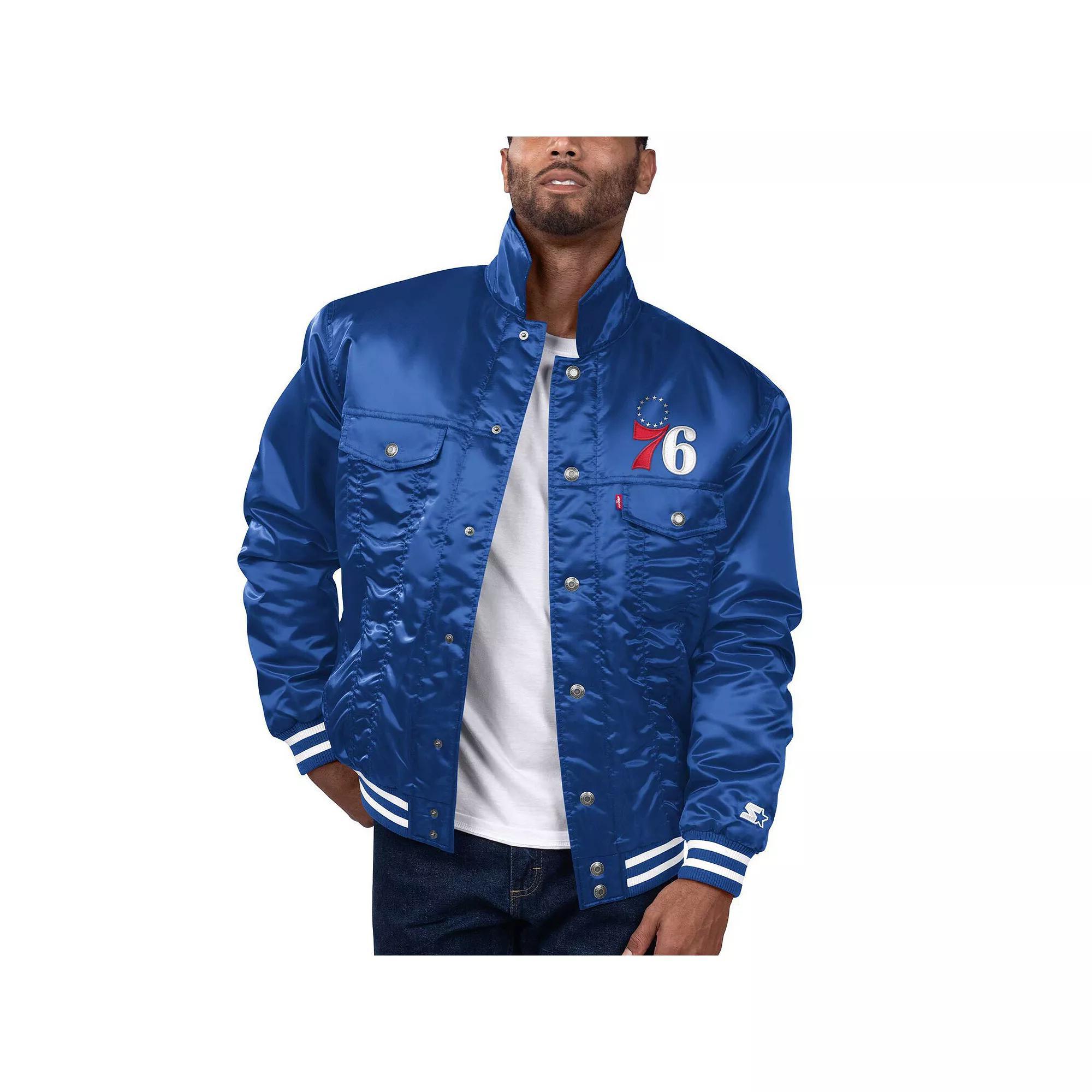 Men's Starter x Levi's Royal Philadelphia 76ers Silver Label Trucker Satin Full-Snap Jacket,  Product Image