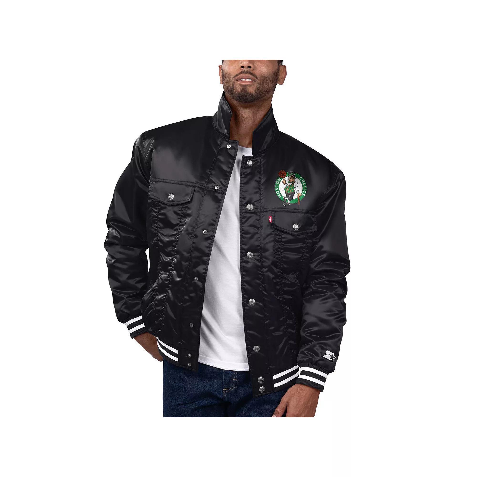 Men's Starter x Levi's Black Boston Celtics Silver Label Trucker Satin Full-Snap Jacket,  Product Image