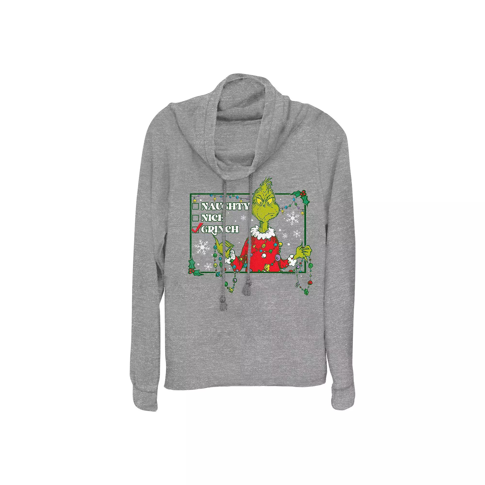Women's Dr. Seuss Grinch Naughty Or Nice Checklist Cowlneck Graphic Lightweight Long Sleeve,  Product Image