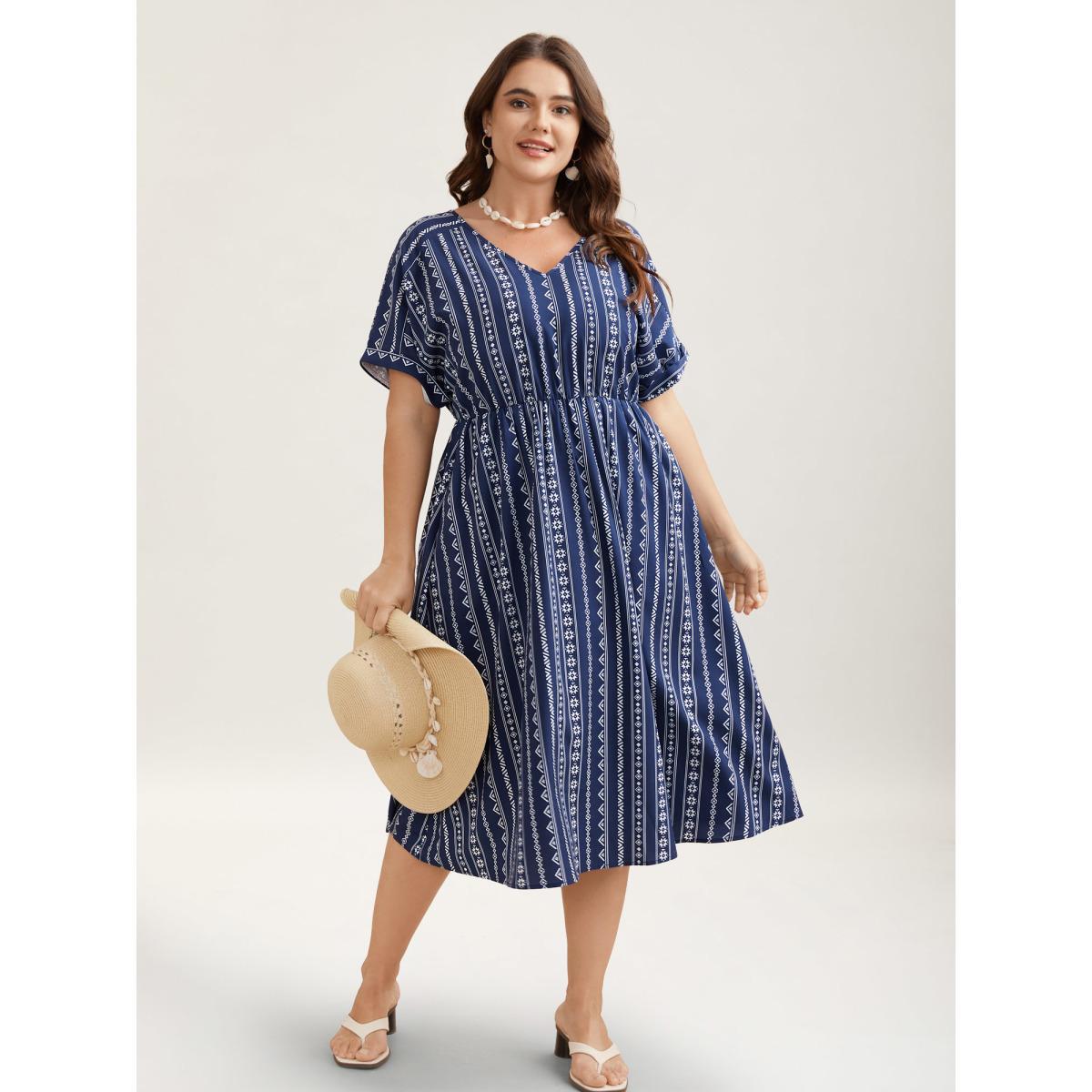 Plus Size Striped Waist-Cinched Dolman Sleeve Midi Dress DarkBlue Women Boho Gathered V-neck Short sleeve Curvy BloomChic 22-24/3X Product Image
