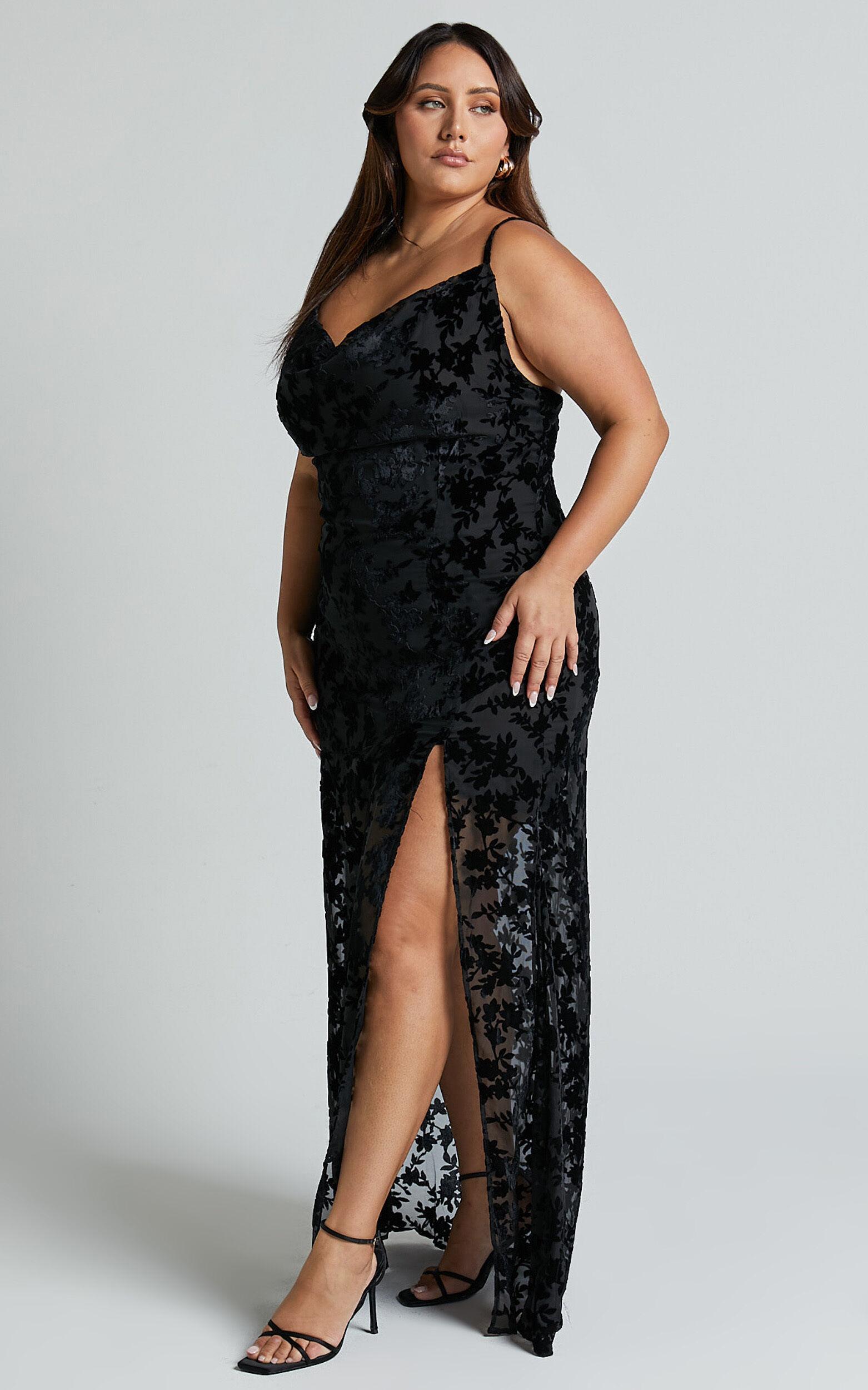 Aletta Maxi Dress - Cowl Cross Back Dress in Ebony Burn Out Floral Product Image