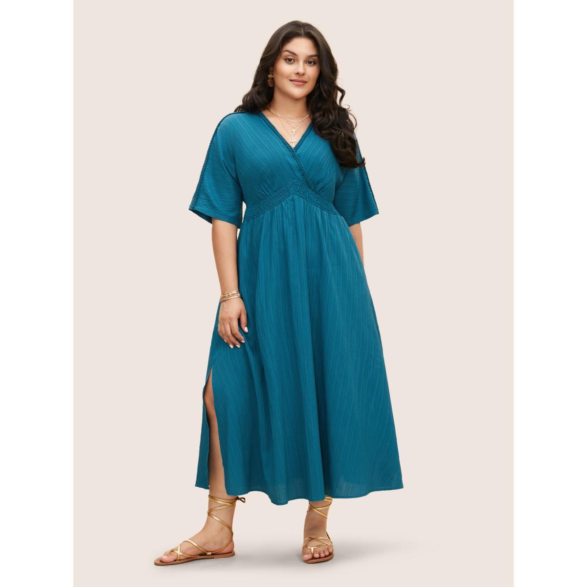 Plus Size V Neck Shirred Contrast Webbing Split Side Dress Aegean Women Boho Texture V-neck Half Sleeve Curvy BloomChic 14-16/1X Product Image