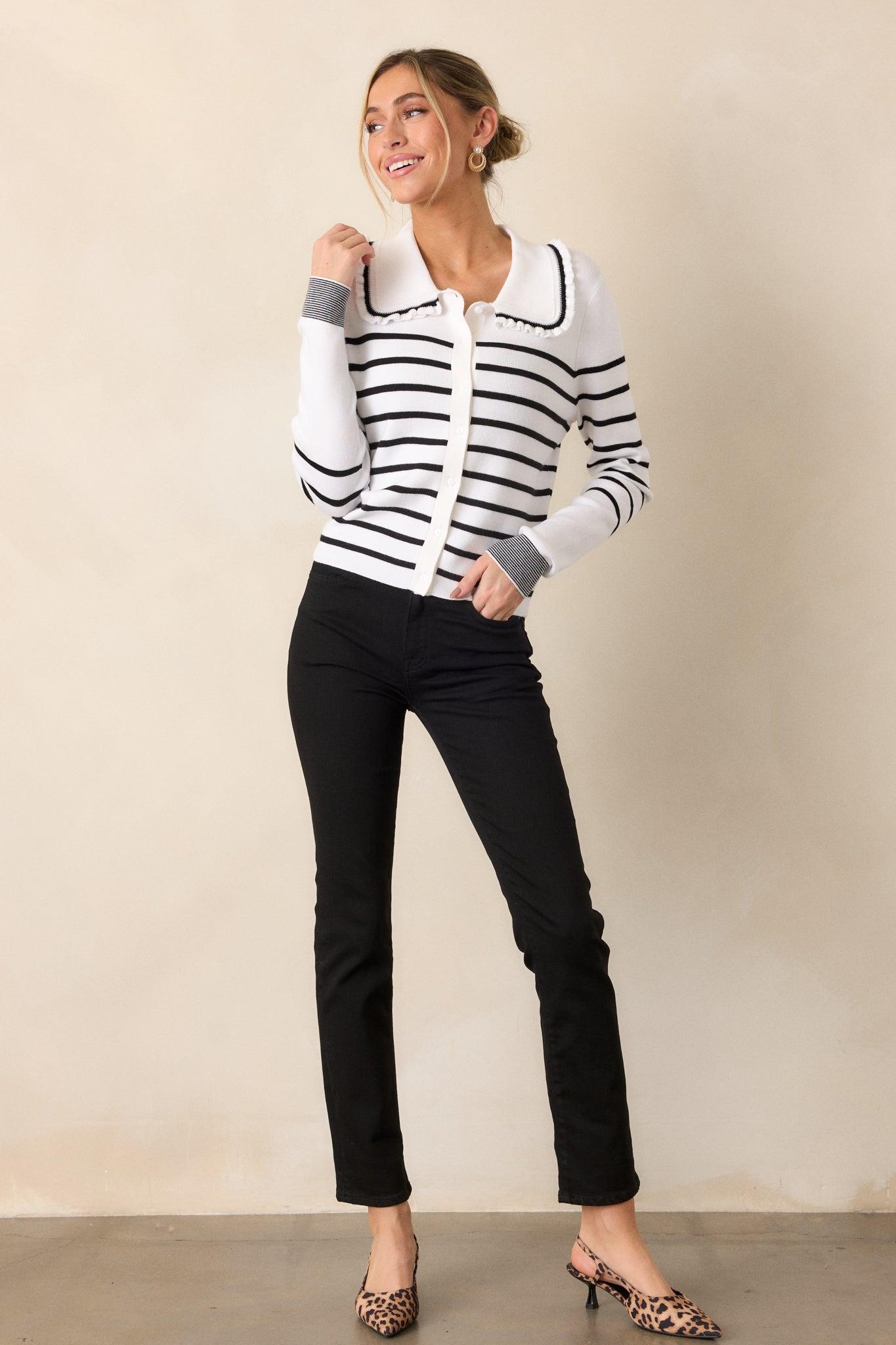 Breathe In White & Black Stripe Cardigan Product Image