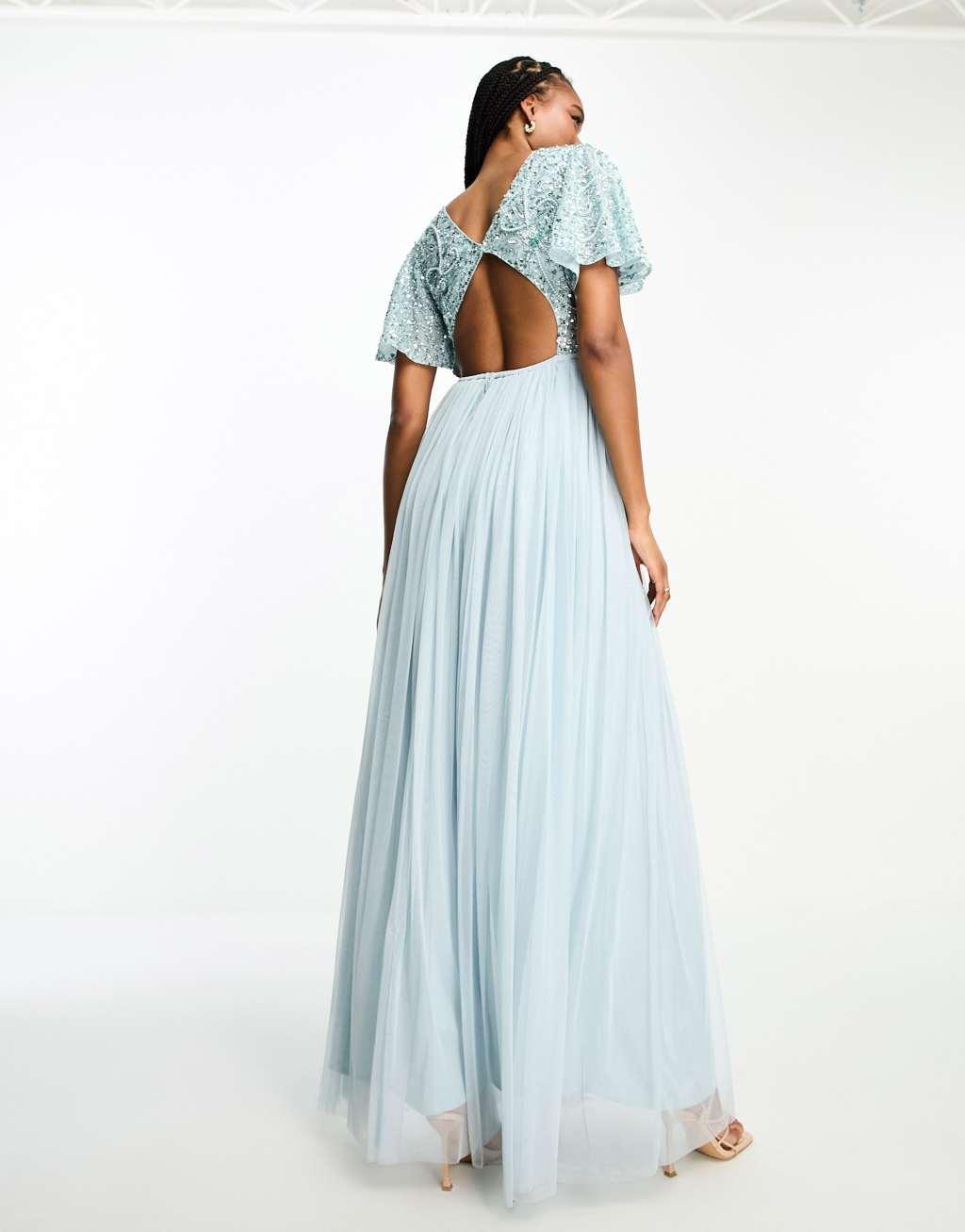 Beauut Tall Bridesmaid embellished maxi dress with open back detail in ice blue  Product Image