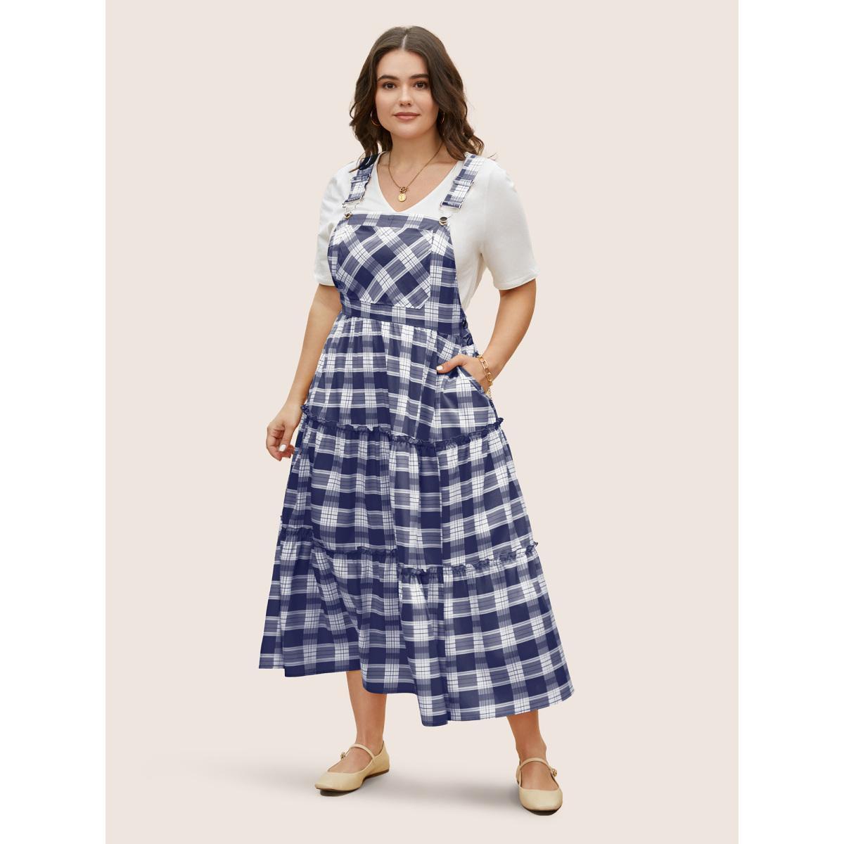 Plus Size Plaid Frill Trim Patchwork Hem Dress DarkBlue Women Casual Frill Trim Non Sleeveless Curvy BloomChic 22-24/3X Product Image