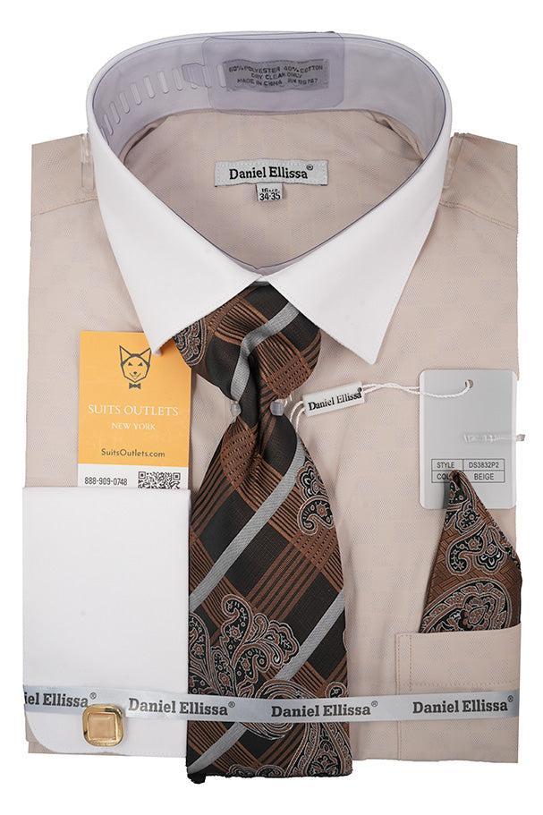 Beige White French Cuff Dress Shirt Set with Tie, Cuff Links and Pocket Square Product Image