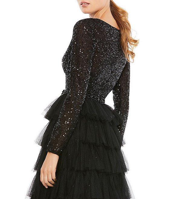 Mac Duggal Tiered Ruffle Crew Neck Long Sleeve Midi Dress Product Image