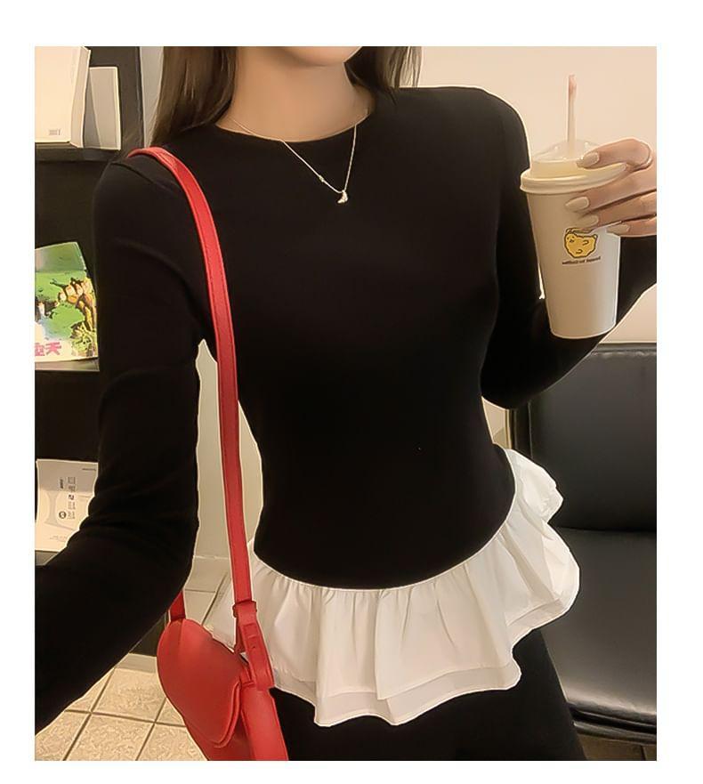 Mock Two-Piece Long-Sleeve Crew Neck Two Tone Slim Fit Tee Product Image