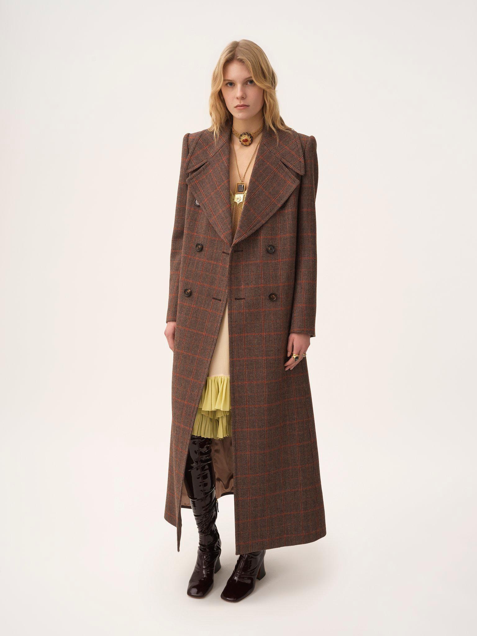 Long double-breasted coat in check wool Product Image
