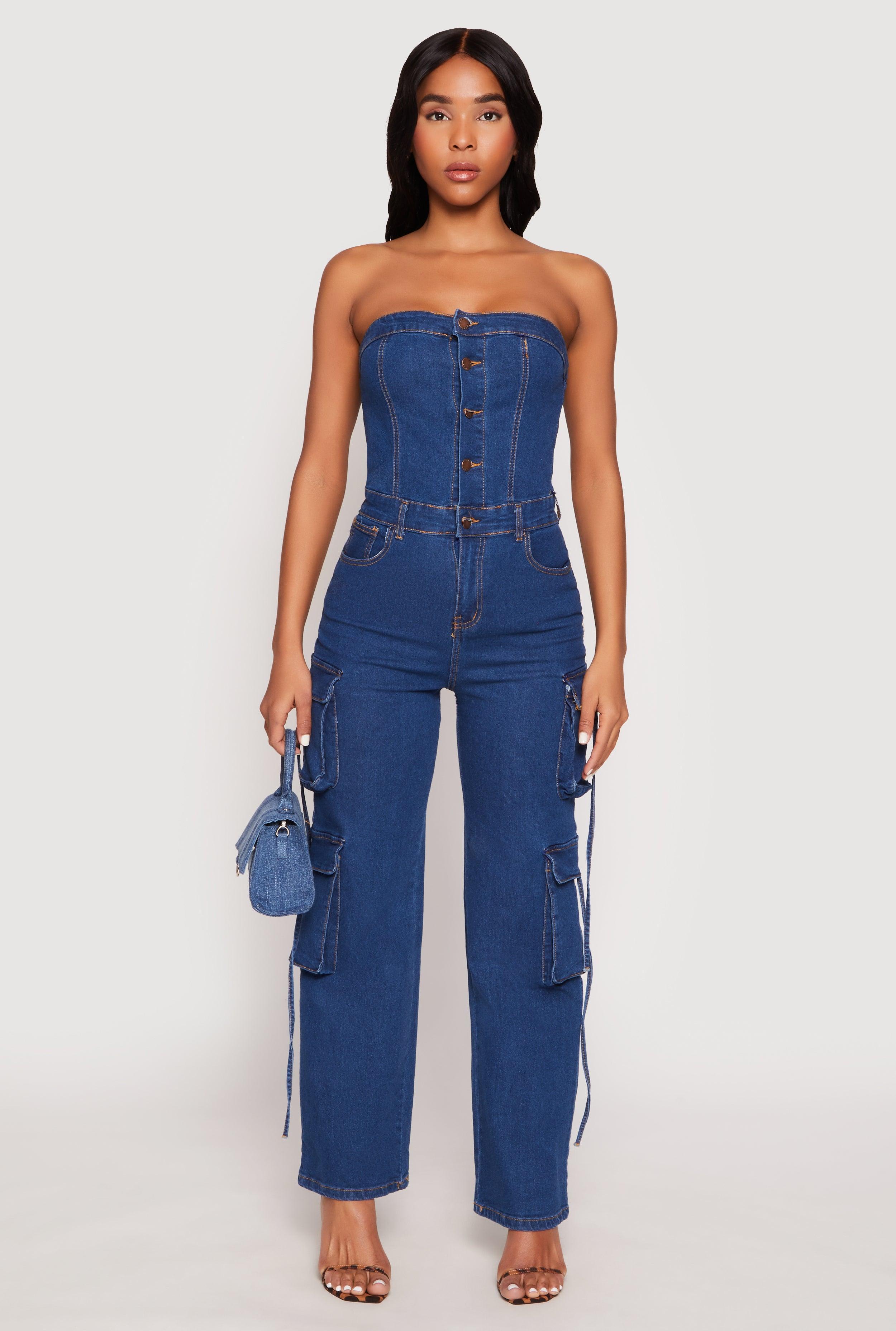 Womens Daisy Denim Button Front Cargo Jumpsuit Product Image