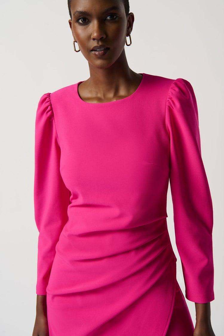 Stretch Twill Sheath Dress With Puff Sleeves- Shocking Pink Product Image