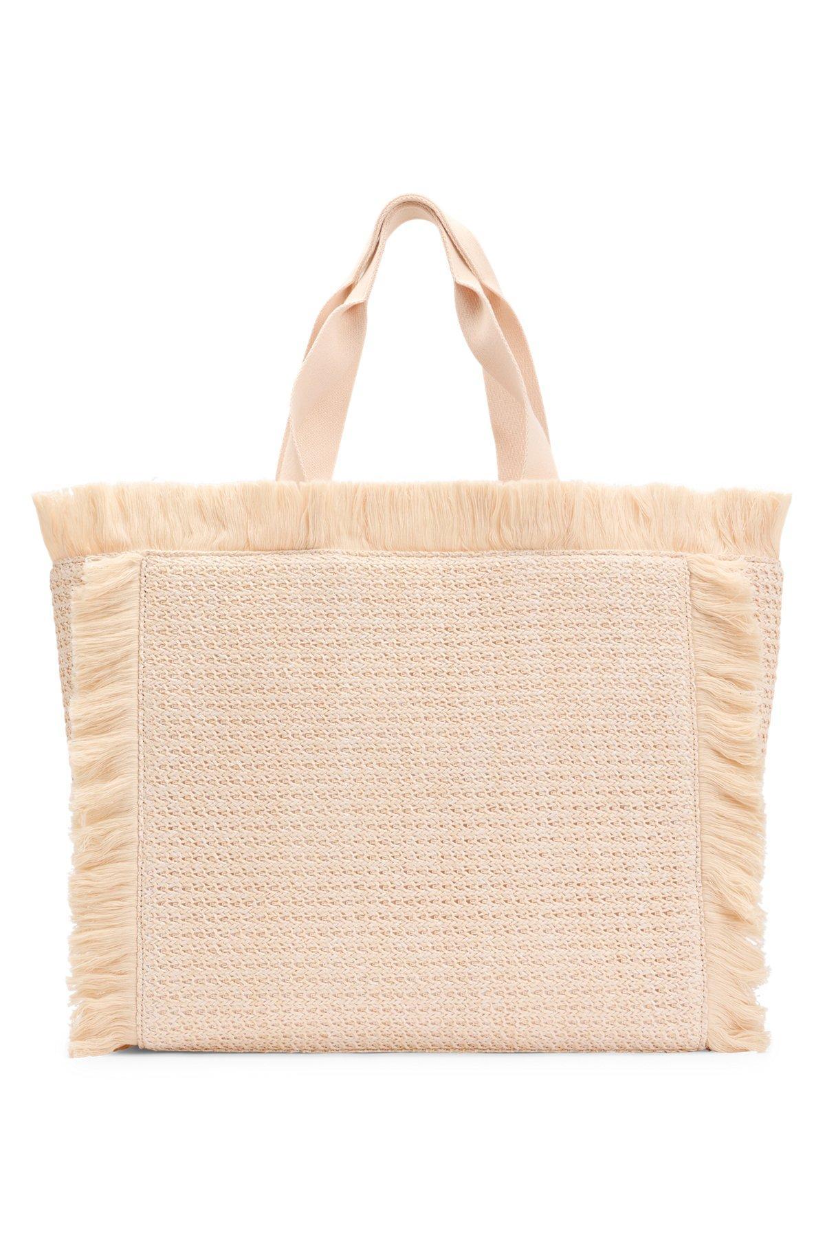 Logo-embroidered raffia-effect tote bag with fringe trims Product Image