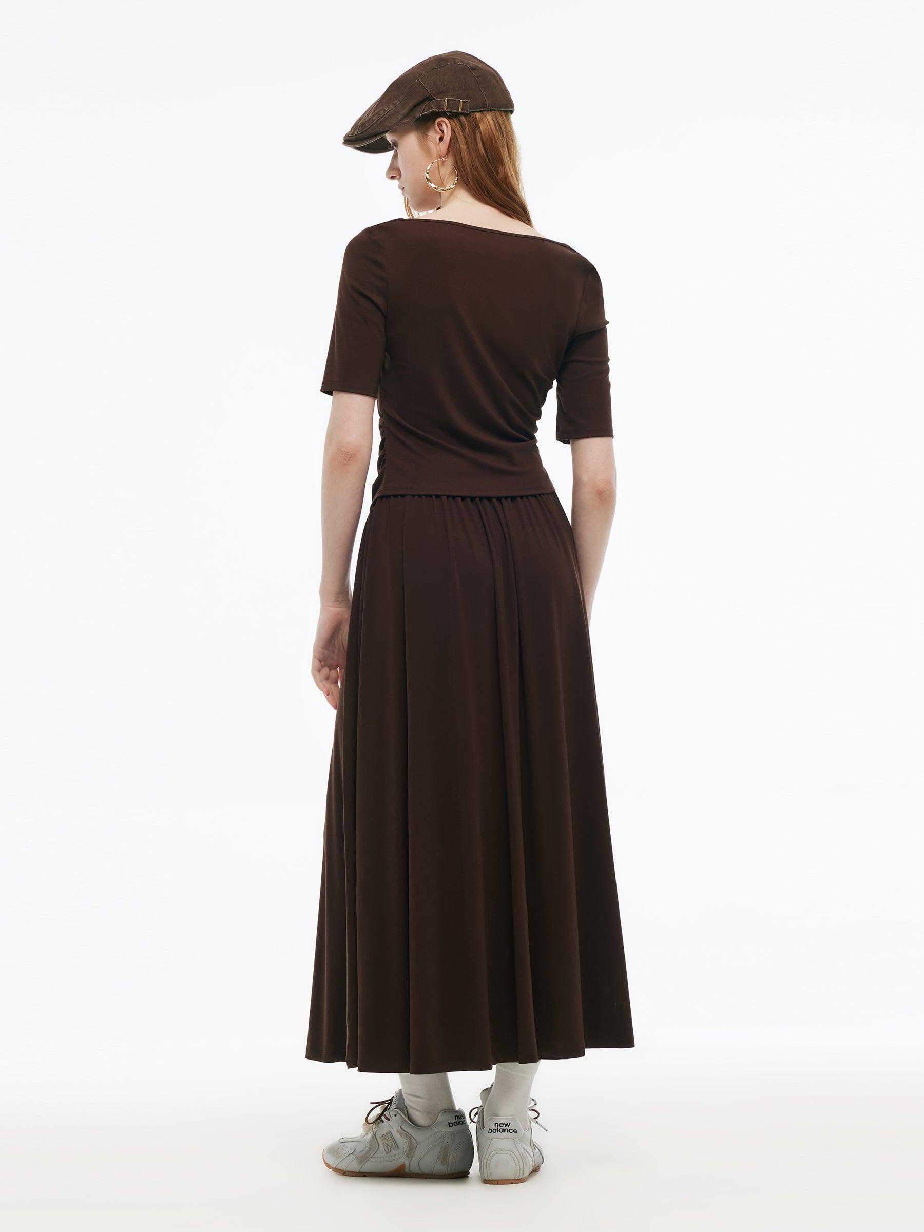 Tencel Blend Stretchy Knit Top And A-Line Skirt Two-Piece Set Product Image