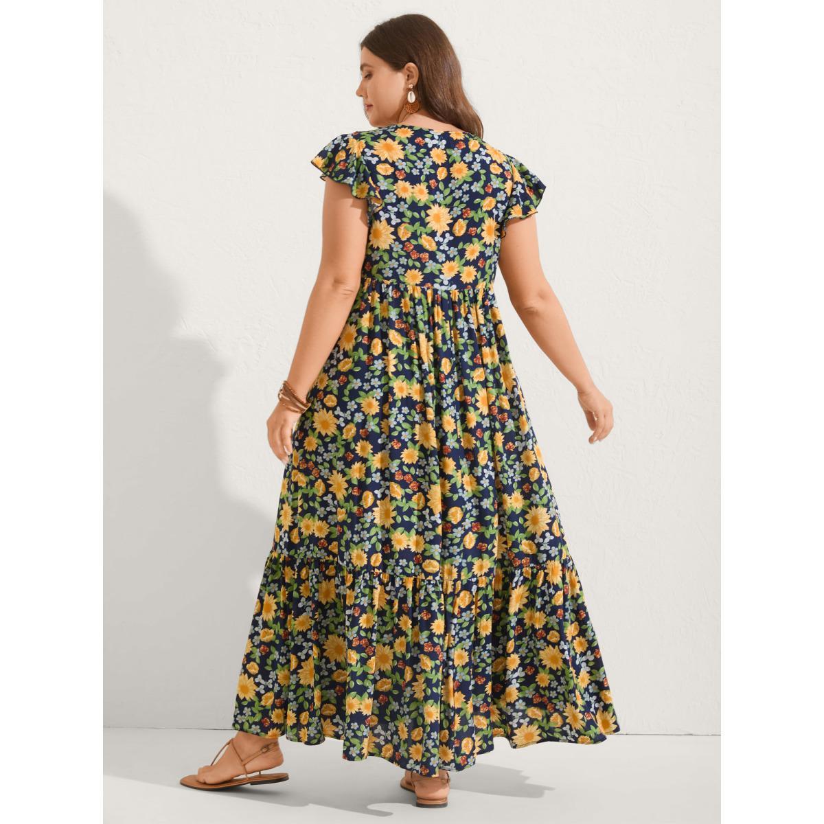 Plus Size Sweet Floral Lace Trim Tiered Maxi Dress Indigo Women V-neck Cap Sleeve Curvy BloomChic 28/5X Product Image