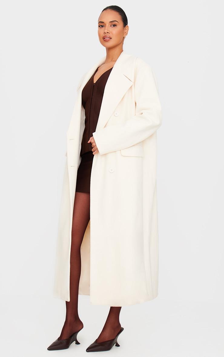 Ecru Wool Look Double Breasted Oversized Maxi Coat Product Image