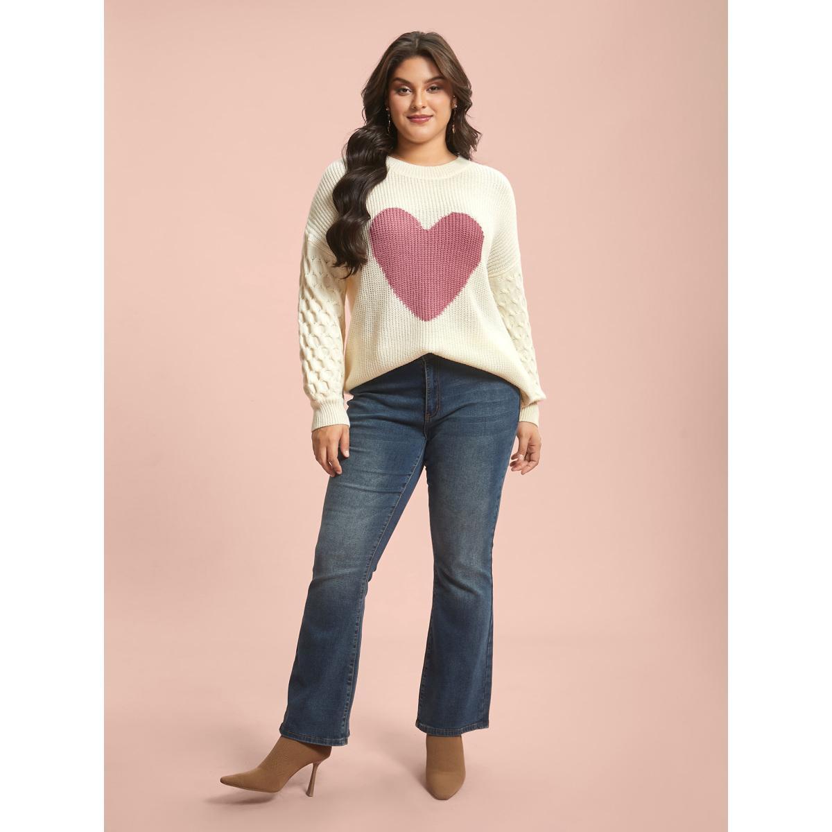 Plus Size Round Neck Heart Cable Knit Pullover Ivory Women Playful Loose Long Sleeve Round Neck Casual Pullovers BloomChic 28/5X Product Image