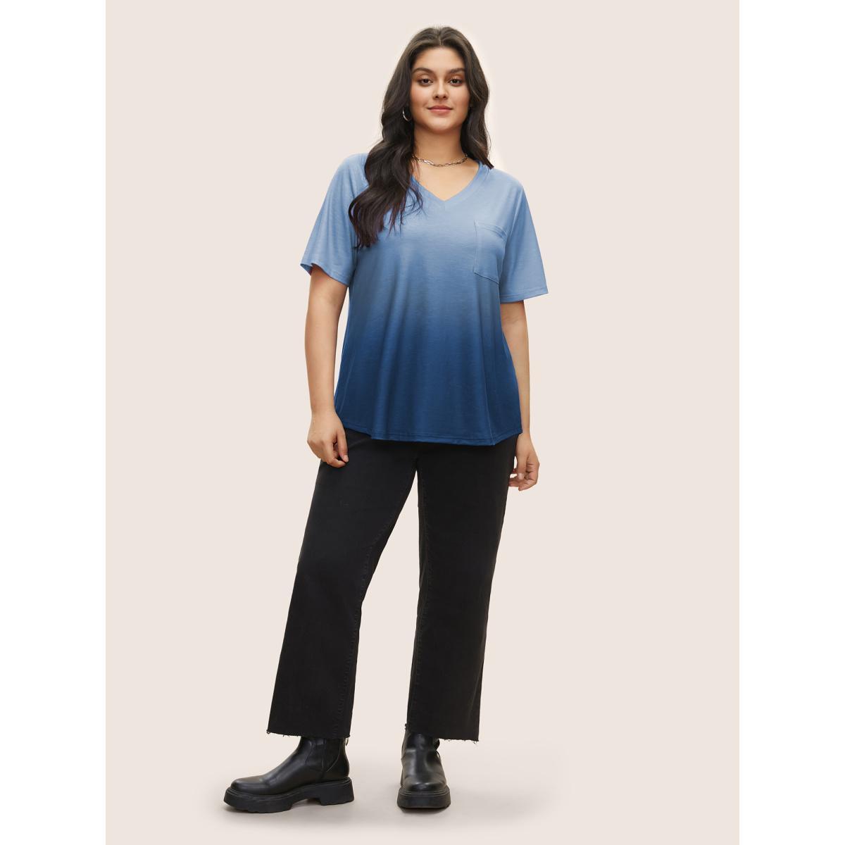 Plus Size Ombre Contrast Patched Pocket T-shirt Cerulean Women Leisure Non Ombre V-neck Casual T-shirts BloomChic 28/5X Product Image