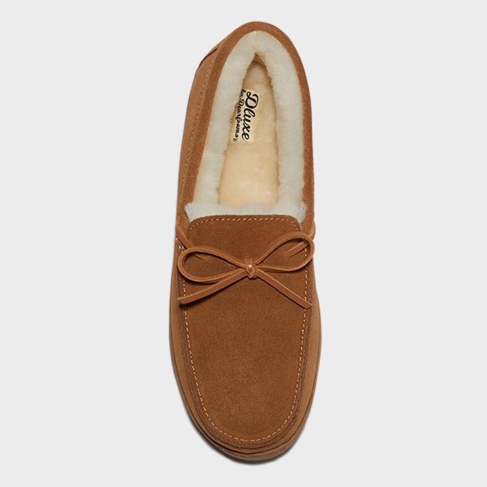 dluxe by dearfoams Men's Shearling Side Stitch Moc Slippers - Chestnut Product Image