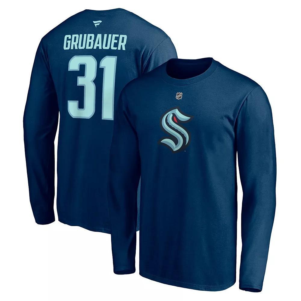 Men's Fanatics Branded Philipp Grubauer Deep Sea Blue Seattle Kraken Authentic Stack Name & Number Long Sleeve T-Shirt,  Product Image