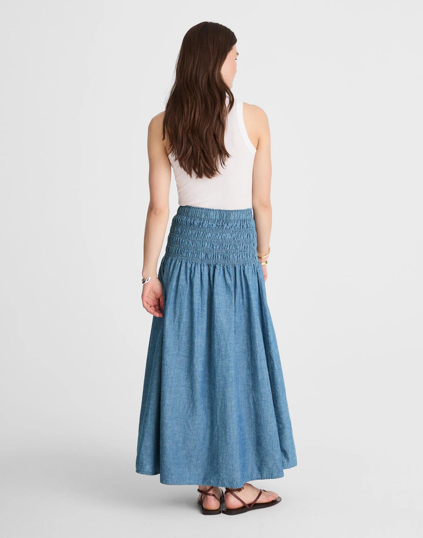 Smocked-Waist Denim Midi Skirt Product Image