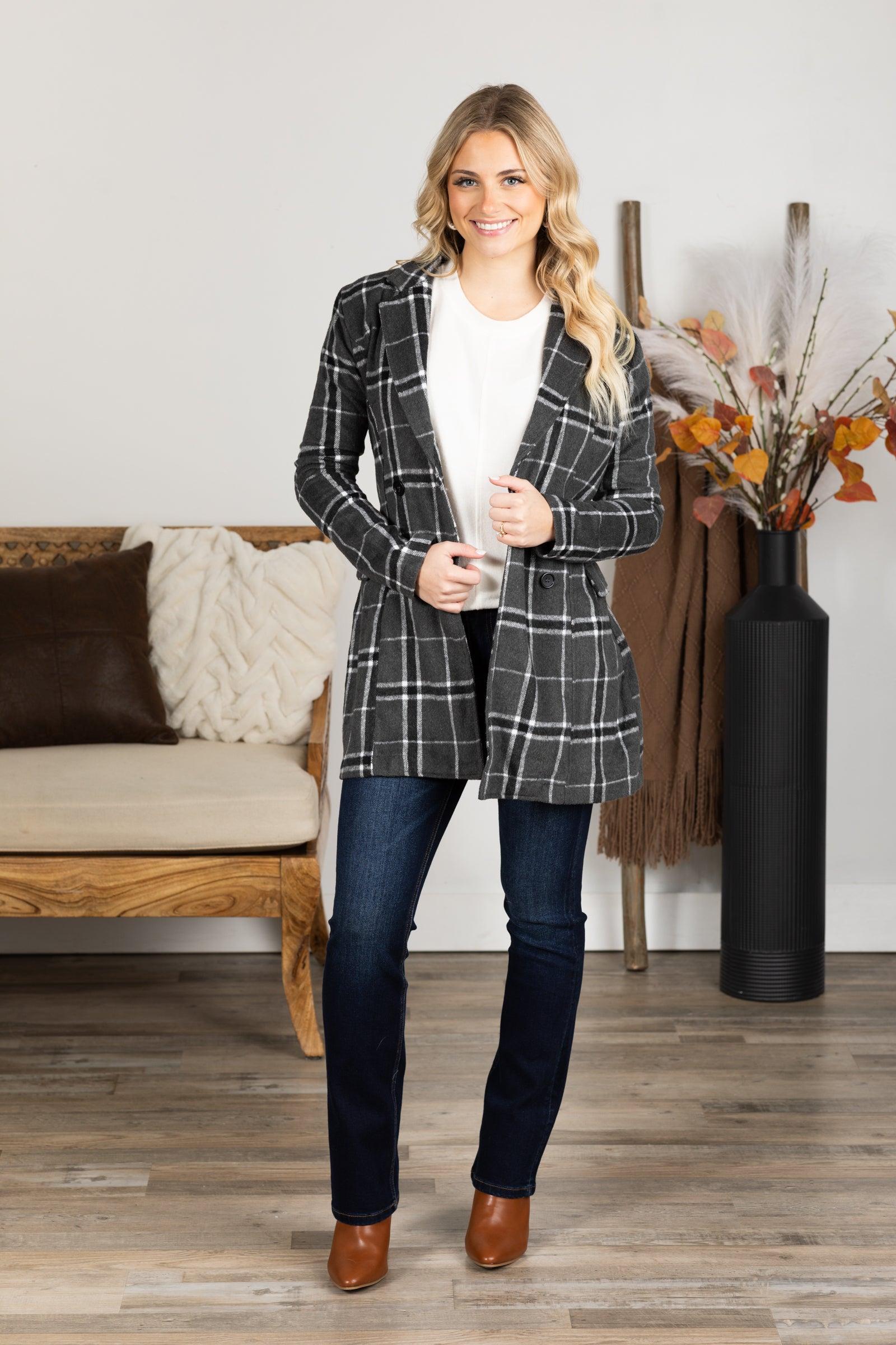 Grey Plaid Print Belted Jacket Product Image