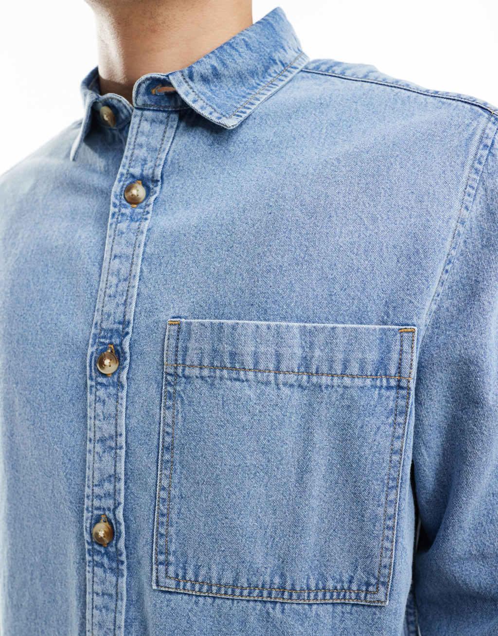 ASOS DESIGN denim overshirt with contrast top stitching in blue Product Image