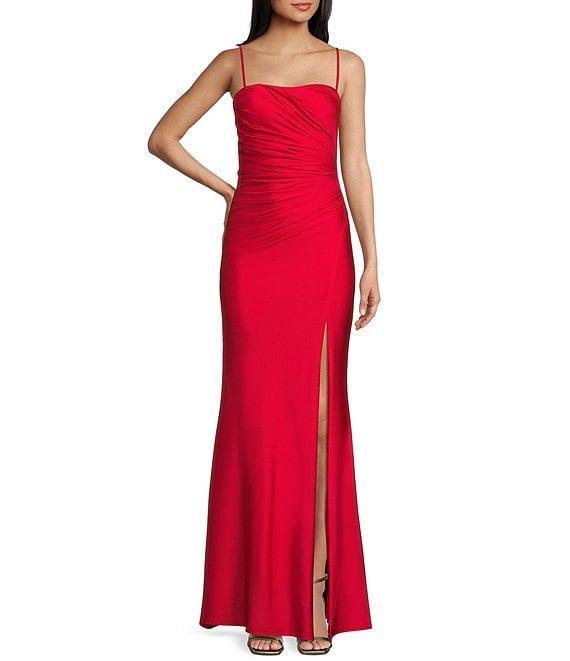 B. Darlin Straight Neck Spaghetti Strap Shirred Bodice Front Slit Dress Product Image