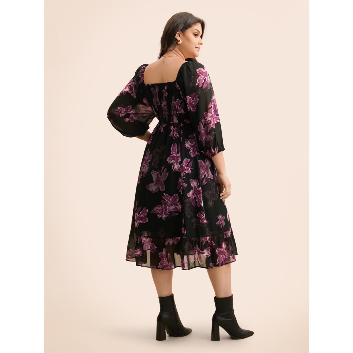 Plus Size Floral Patchwork Ruffle Hem Mesh Dress BlackFlower Women Elegant See through Square Neck Elbow-length sleeve Curvy BloomChic 22-24/3X Product Image