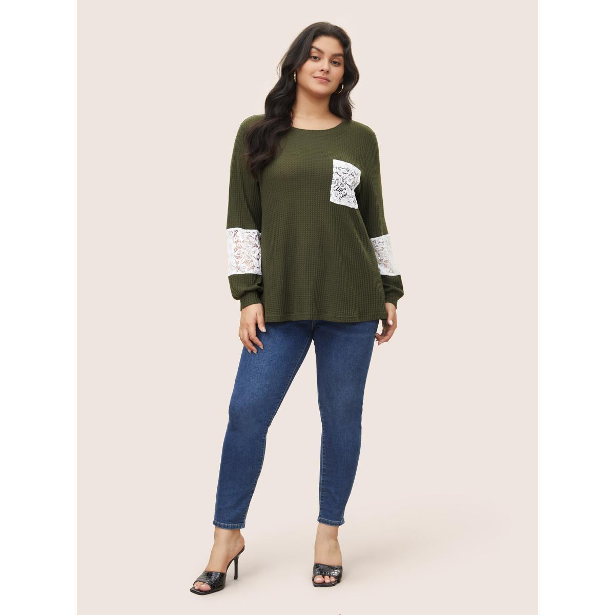 Plus Size Waffle Knit Contrast Lace Patchwork T-shirt ArmyGreen Women Elegant Contrast Plain Round Neck Everyday T-shirts BloomChic 12/L Product Image